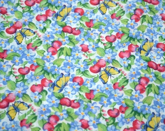 Vintage Fabric - Red Cherries Butterflies and Blue Blossoms - Polyester Semi Sheer - By the Half Yard