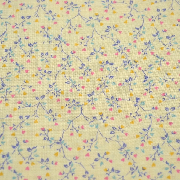 Vintage Fabric - Tiny Pastel Heart Flower Vines on Pale Yellow - Cotton Classics By the Half Yard