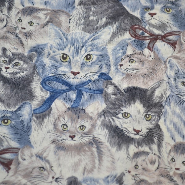 Vintage Hoffman Fabric - Mob of Kitty Cat Faces in Grey and Blue - CHOOSE Length