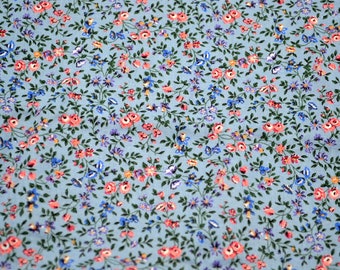 Vintage Fabric - Small Pink and Purple Flowers on Light Blue - Cranston VIP Cotton By The Half Yard