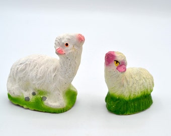 Rustic Ceramic Lambs with Pink Facial Features - Vintage Easter Decor