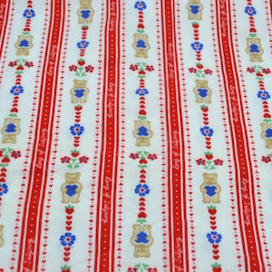 Vintage Lanz of Salzburg Flannel Fabric - Red and White Bears Hearts and Flowers Stripe - 1980's Cotton 44" x 35" L