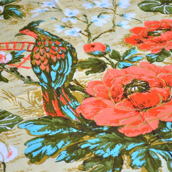 RESERVED for ROY .... Vintage Fabric - Oriental Birds and Pagodas - 5 YARDS