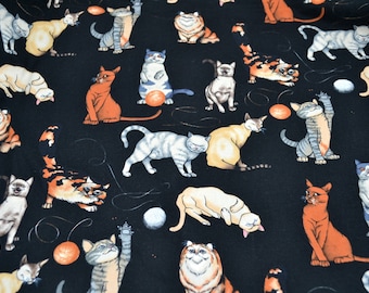 Vintage Alexander Henry Fabric - Variety of Cats and Yarn Balls on Black - Cotton 42" x 17"L