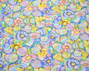 Vintage Easter Fabric - Spring Pastel Daisy Flowers and Eggs - Woven Polyester By the Half Yard