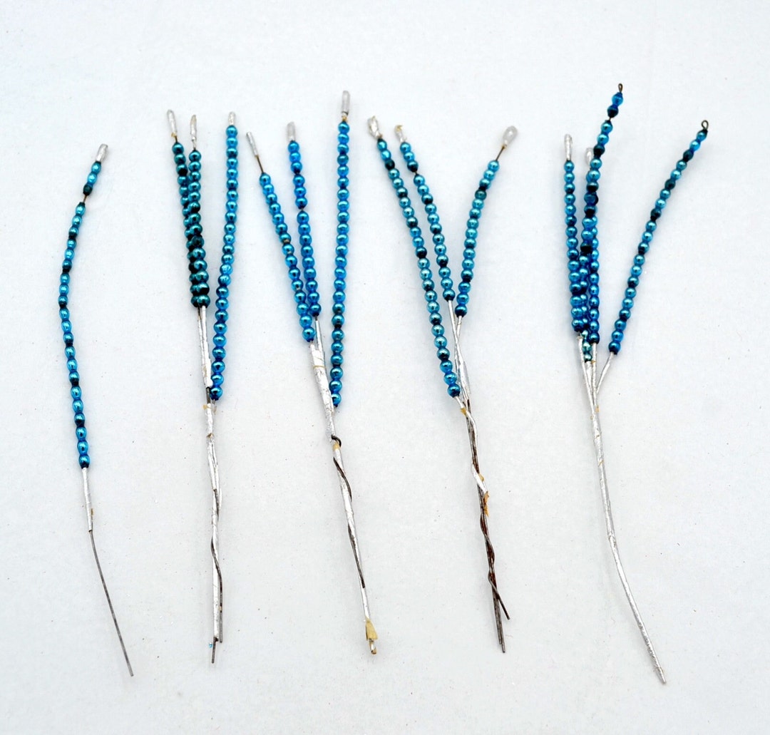 Vintage Christmas Mercury Glass Bead Picks Wired Spear Stems in Blue