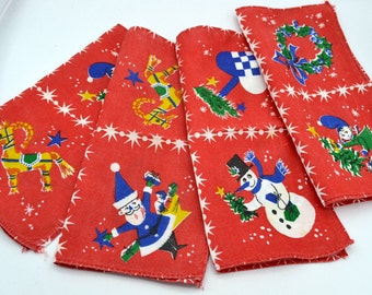 Vintage Christmas Cotton Napkins - Scandinavian Mid Century - Lot of 5 for Use or Repurpose - Santa Elf Goat Gnome