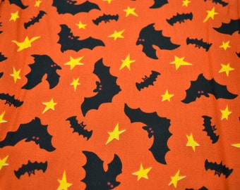 Halloween Fabric - Bats and Stars on Orange - Cotton 60" Wide By the Yard