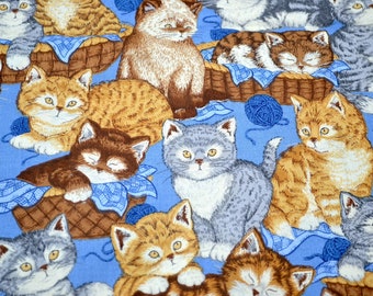 Vintage Cranston VIP Fabric - Basket Kittens and Yarn Balls on Blue Background - Cotton By the Half Yard