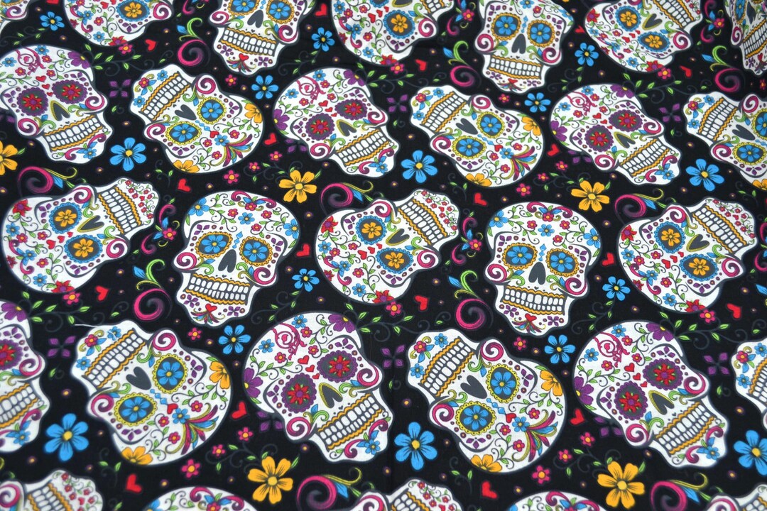 David Textiles Cotton Fabric: Flower Sugar Calavera Skulls on Black ...