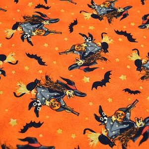 David Textiles Fabric - Halloween Witches and Black Cats on Brooms - Cotton 37&quot;W x 17&quot;L