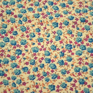 Vintage Fabric - Small Teal Roses and Burgundy Flowers on Beige - Cotton By the Half Yard