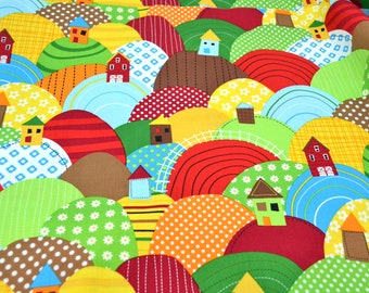 Vintage Kaufman Fabric - Calico Houses on Hills - At the Farm Cotton - By the Half Yard