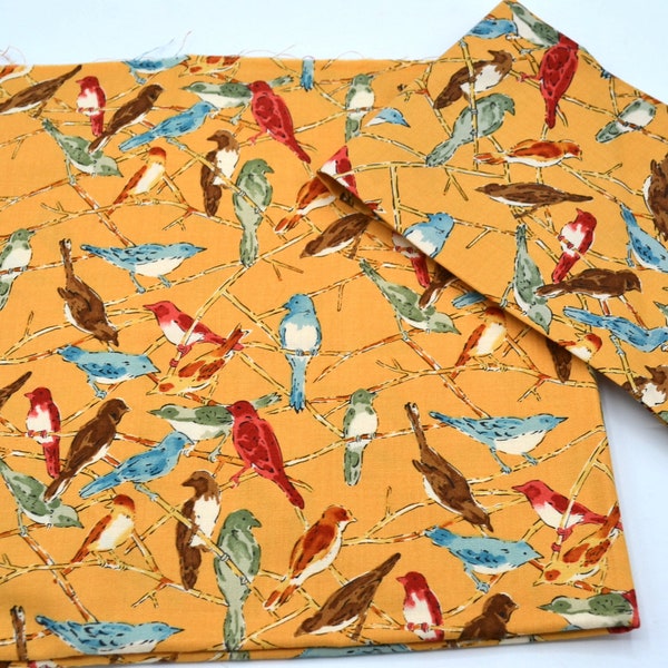 Alexander Henry Fabric - Birds on Branches in Yellow - Kitty Tweet Cotton - Half Yard Plus a FQ