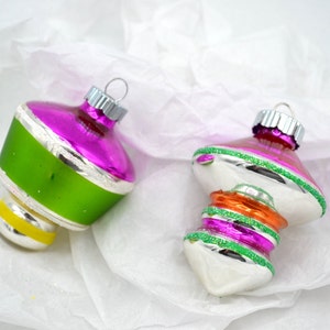 2 Radko Shiny Brite Glass Christmas Ornaments - UFO Lanterns - Pink Purple Orange Green 3"