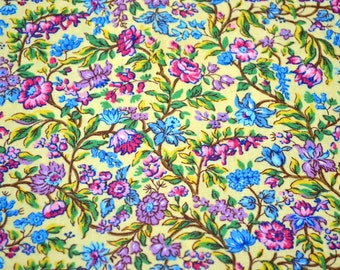 Vintage Concord Fabric - Pink and Turquoise Flowers on Yellow - Cotton By the Half Yard