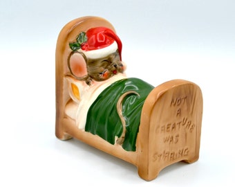 Vintage Josef Originals Christmas Figurine - Sleeping Mouse in Bed - Not a Creature Was Stirring - Porcelain Made in Japan