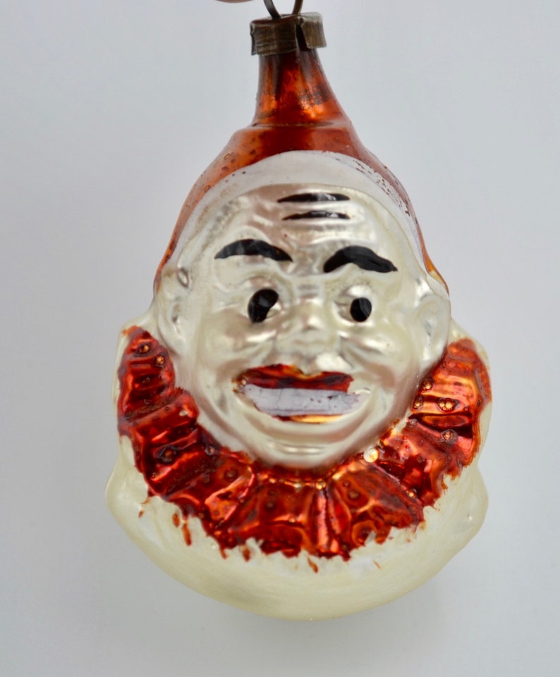 Vintage Christmas Glass Ornament Figural Clown With Burnt Orange Trim West Germany