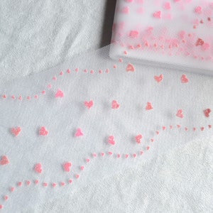 Vintage Flocked Trim - Pink Hearts on White Tulle - By The Yard - 3" Wide Tule