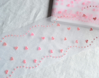 Vintage Flocked Trim - Pink Hearts on White Tulle - By The Yard - 3" Wide Tule