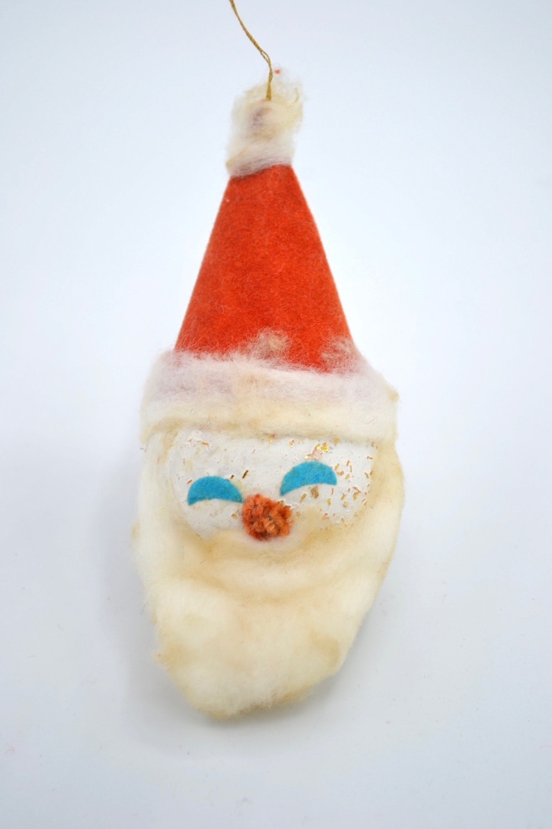 Vintage Christmas Ornament Cotton Beard Glitter Santa Head Etsy