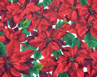 Hoffman Christmas Fabric - Red and Green Poinsettias - Woodland Winter Cotton - By the Half Yard