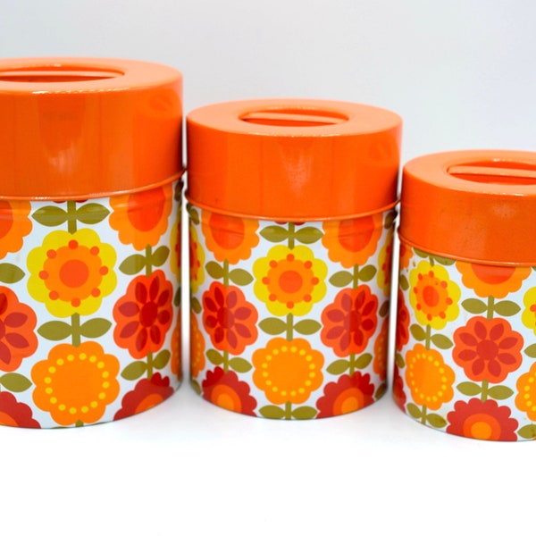 Vintage Metal Kitchen Canister Set - 1970's Mod Daisies in Orange and Yellow - Tin MCM Japan