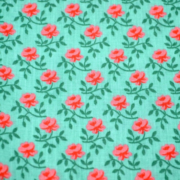 Vintage Fabric - Small Geometric Red Coral Roses on Green - Cotton Poly 37" Wide x 17"L