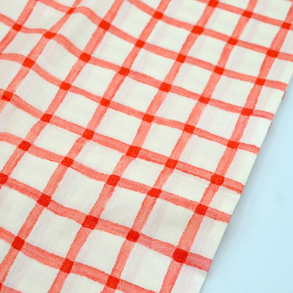 Vintage Fabric - Coral Orange and White Check - Polished Cotton 44" x 17"L