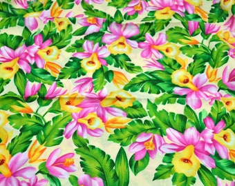 Vintage Fabric - Pink and Yellow Tropical Orchids - Timeless Treasures Cotton 44" x 22" L