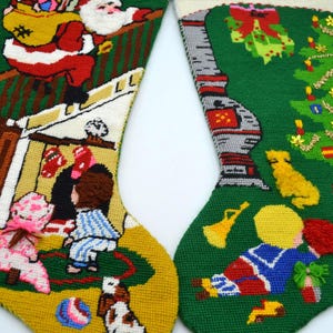 2 Vintage Bucilla Needlepoint Christmas Stockings - Finished - Santa Banister 60392 and Kids with Cat Heirlooms