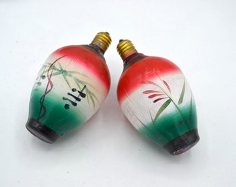 2 Vintage Japanese Glass Lantern Light Bulbs - Large 4 1/2" Patio Lite Size - Hand Painted Floral 1950s - Red Pink Green