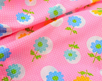 Vintage Swiss Dot Flocked Fabric - Mod Pink with Turquoise and Yellow Daisy Flowers - By the Yard
