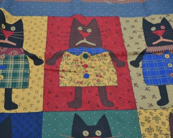 Vintage Fabric Panel - Full Body Black Cats in Calico Dresses - Alleycat Tales Cotton Fabric Quilt