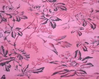 Vintage Fabric - Pink Purple Birds and Flowers - Cotton 44" x 26"L  - Fleur De Lis Cheri Strole