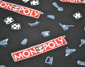 Vintage Fabric - Monopoly Game Board Pieces on Black - Cotton By the Half Yard