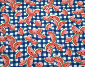 Vintage Fabric - Watermelon Slices on Blue and White Plaid - Fabric Traditions Cotton By the Half Yard