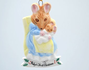 Vintage Christmas Ornament - Schmid Beatrix Potter Ceramic Porcelain Mouse with Baby - First Christmas