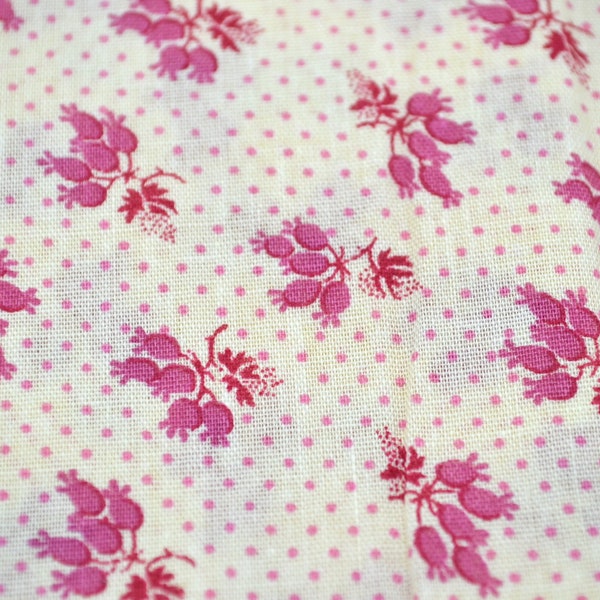 Vintage Fabric - Dark Pink and Red Flowers and Pink Dots - Cotton By the Half Yard