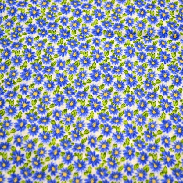 Vintage Fabric - Small Purple Blue Daisy Flowers Yellow Centers - By the Half Yard