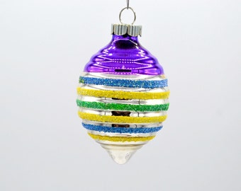 Radko Shiny Brite Glass Christmas Ornament - Beehive Teardrop Glitter Stirpe - Purple Yellow Blue 3"