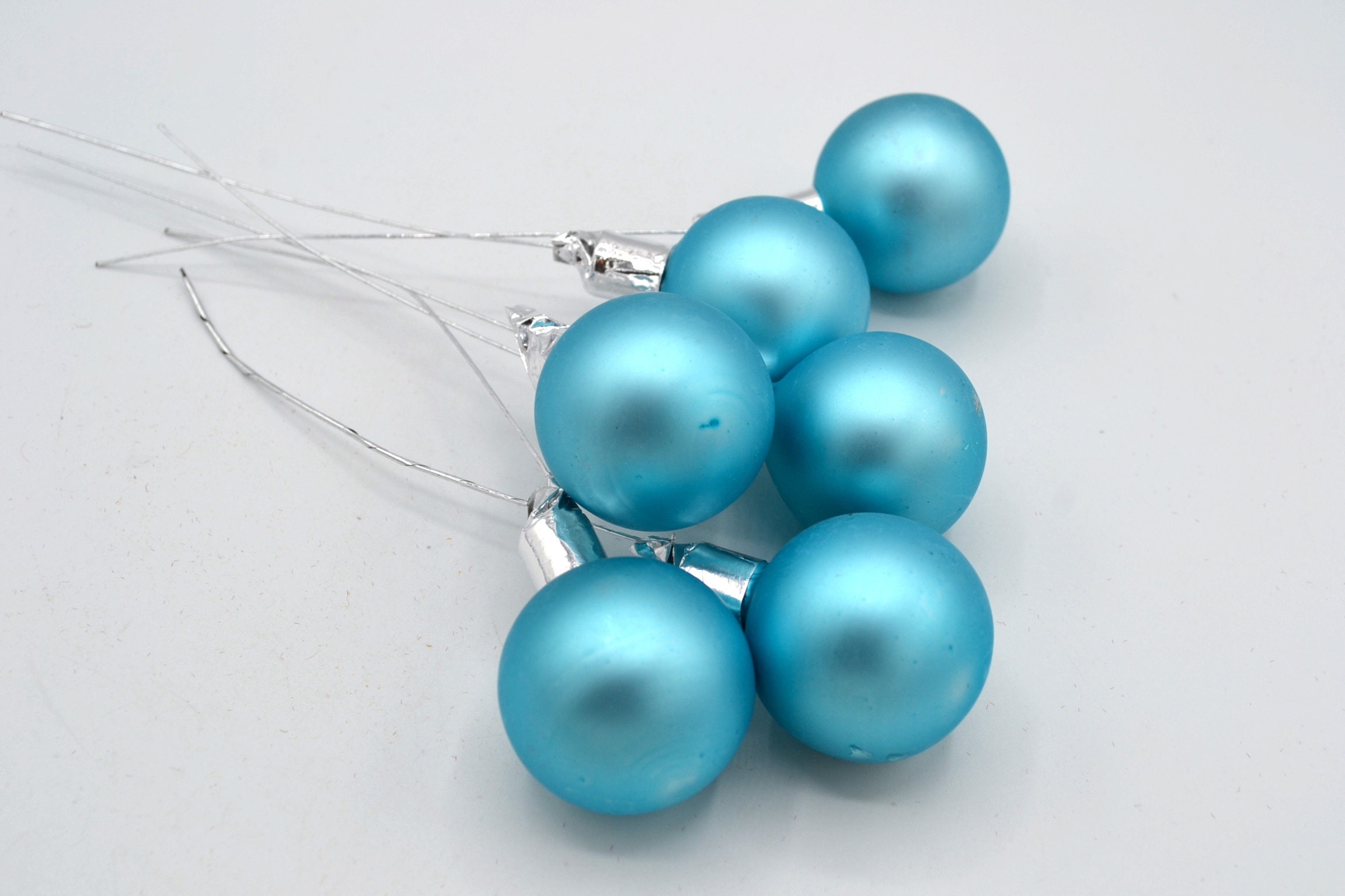 Turquoise Blue Wired Stems Christmas Glass Ball Picks CHOOSE Shiny or Matte Set of 6