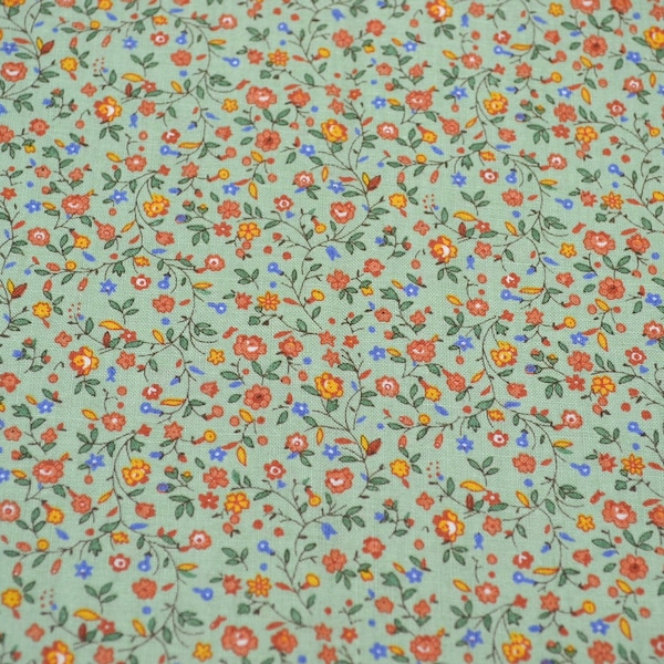 Vintage Concord Fabric - Orange Rust Vine Flowers on Green - Kesslers 25th Anniversary Country Floral - By the Half Yard
