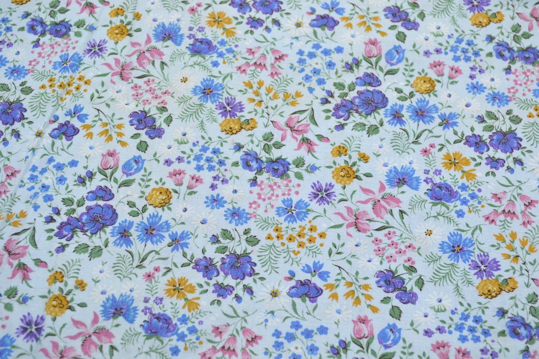 Vintage Fabric - Purple Pink Mustard Flowers on Light Blue - Cranston ...