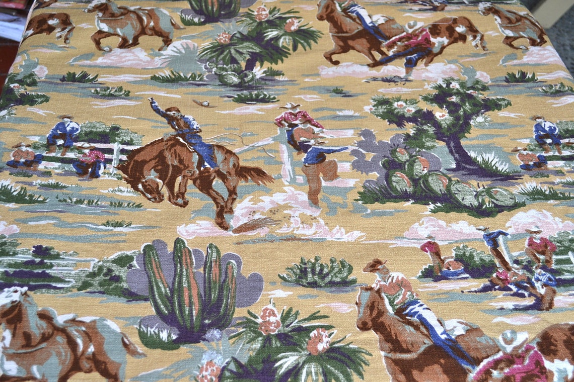 Vintage Barkcloth Fabric Cowboy Western Rodeo 2 Yards by Etsy