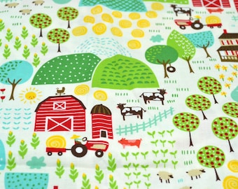 Moda Fabric - Animal Farm Dairy Cows Pigs Red Barn - Farm Fun By the Half Yard - # 20531 HSU