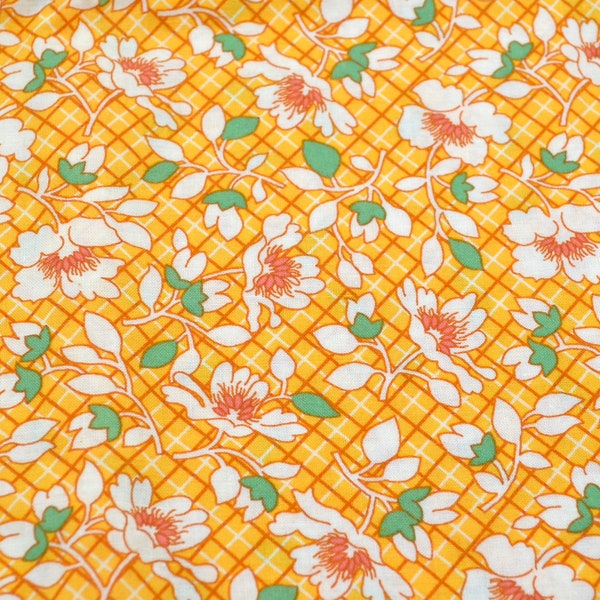 Zimmerman Cotton Fabric - Orange Center White Vine Flowers on Yellow Plaid - Chanteclaire By the Half Yard
