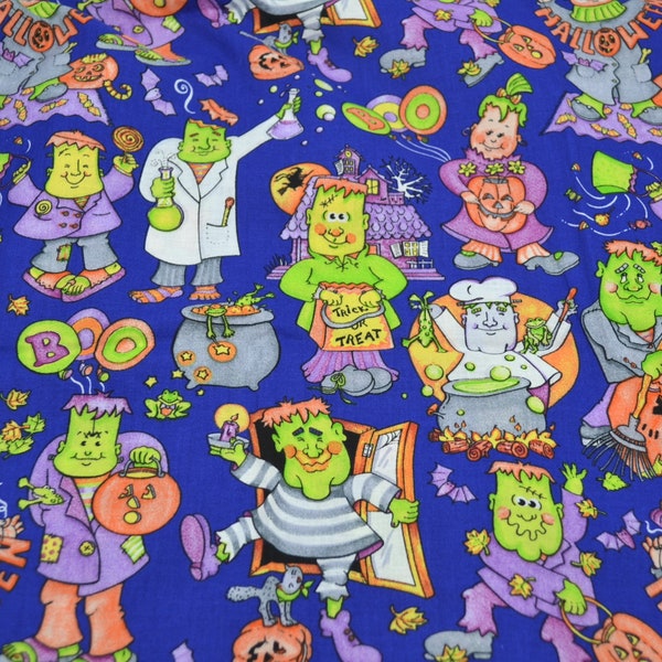 Vintage Halloween Fabric - Frankenstein Trick or Treat Costumes - Cotton By the Half Yard - Daisy Kingdom 4148