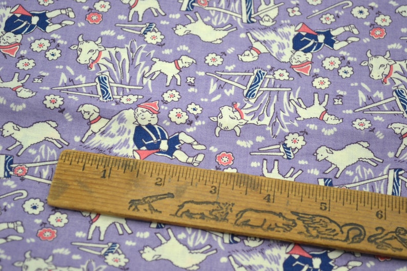 Tela vintage de Marcus Bros Rima infantil Little Boy Blue Lambs Cows on Lavender Rothermel Cotton By the Half Yard imagen 4