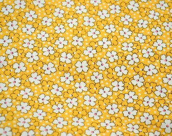 Vintage Marcus Bros Fabric - White Daisies with Pink Centers on Yellow - Cotton By the Half Yard